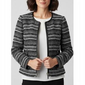 Milly Avery Black White Textured Tweed Leather Trim Jacket Blazer Moto Size 10